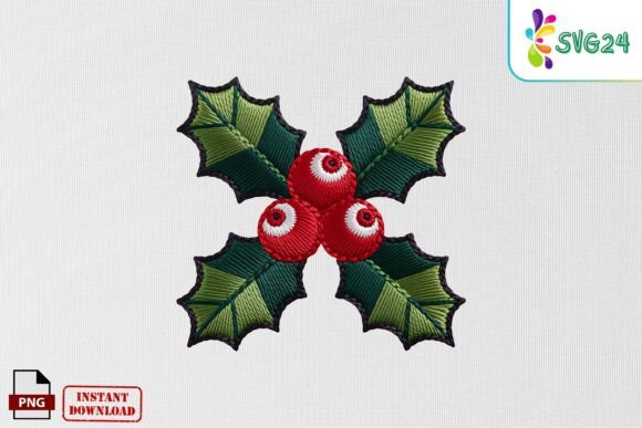 Christmas Holly Leaves Embroidery PNG